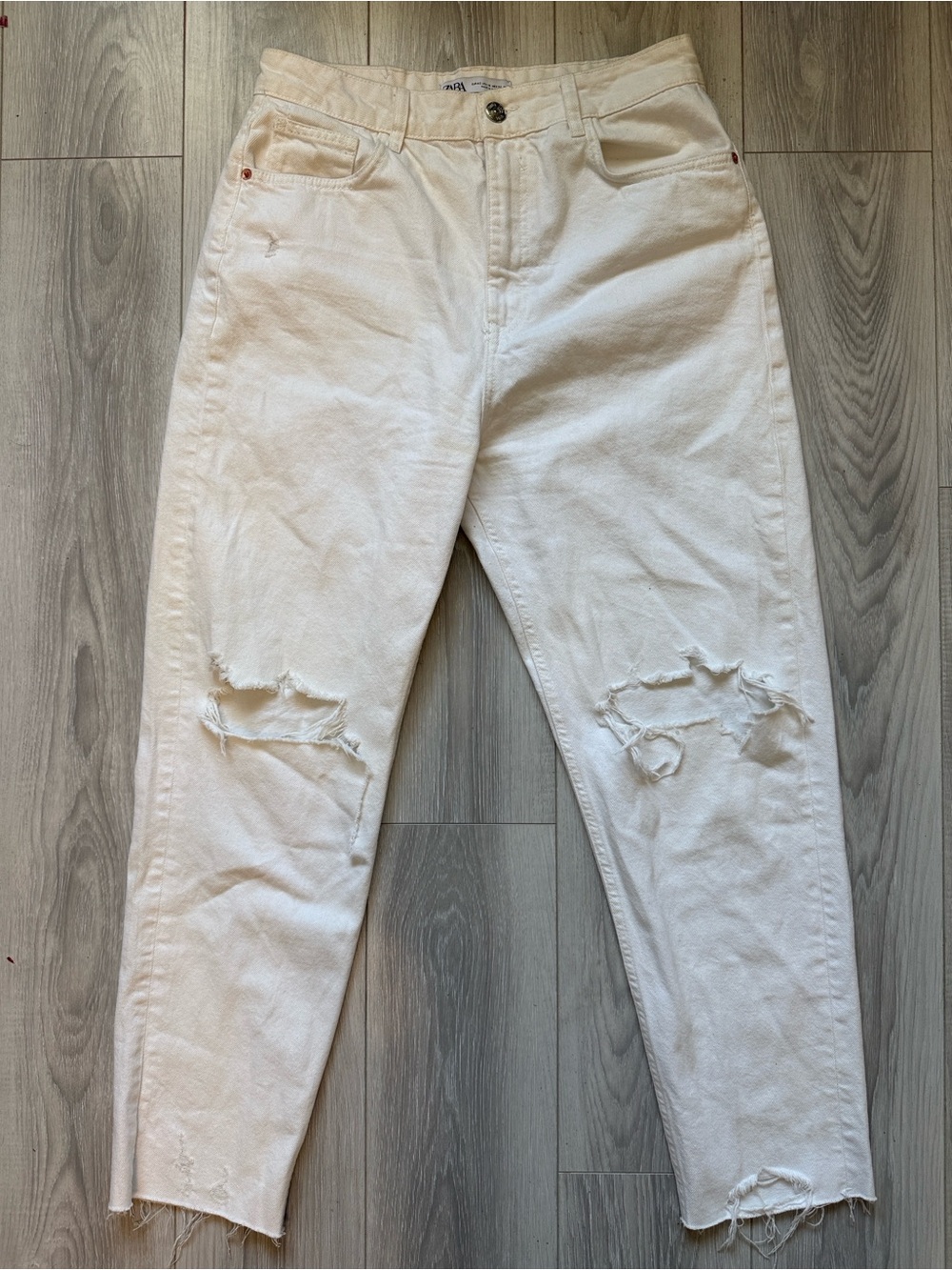 Zara High Rise Raw Hem Distressed White jeans